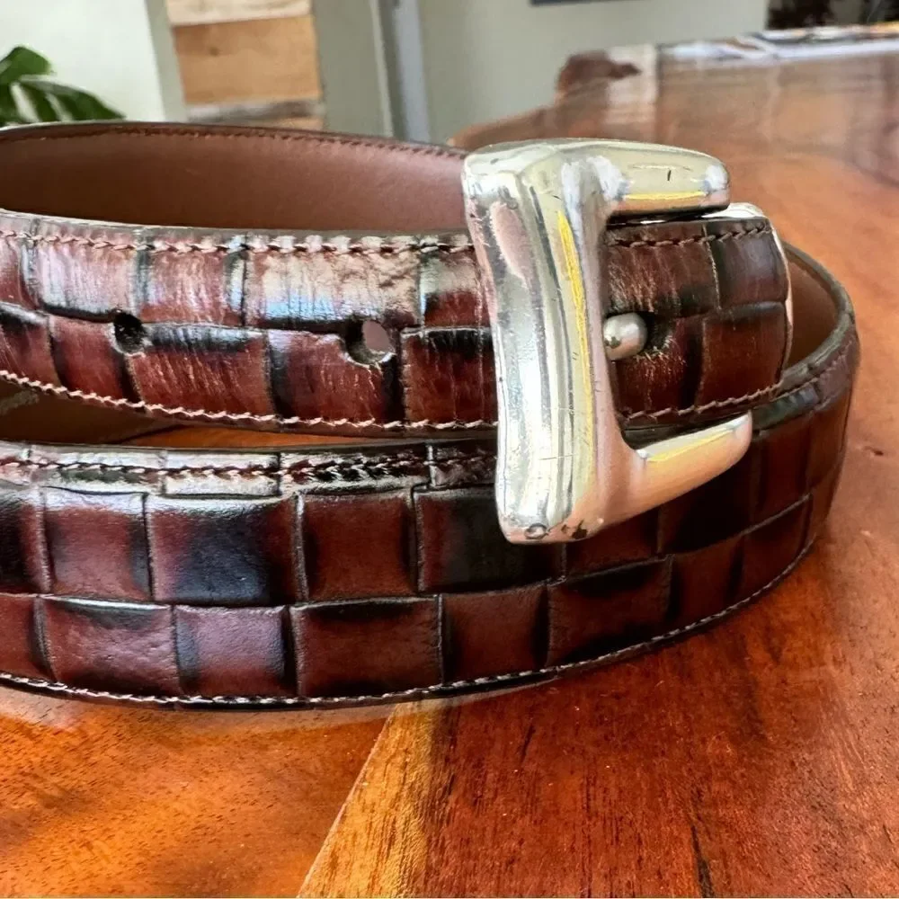 Onyx leather belt by Brighton. Black brown with silver buckles EUC SZ 32